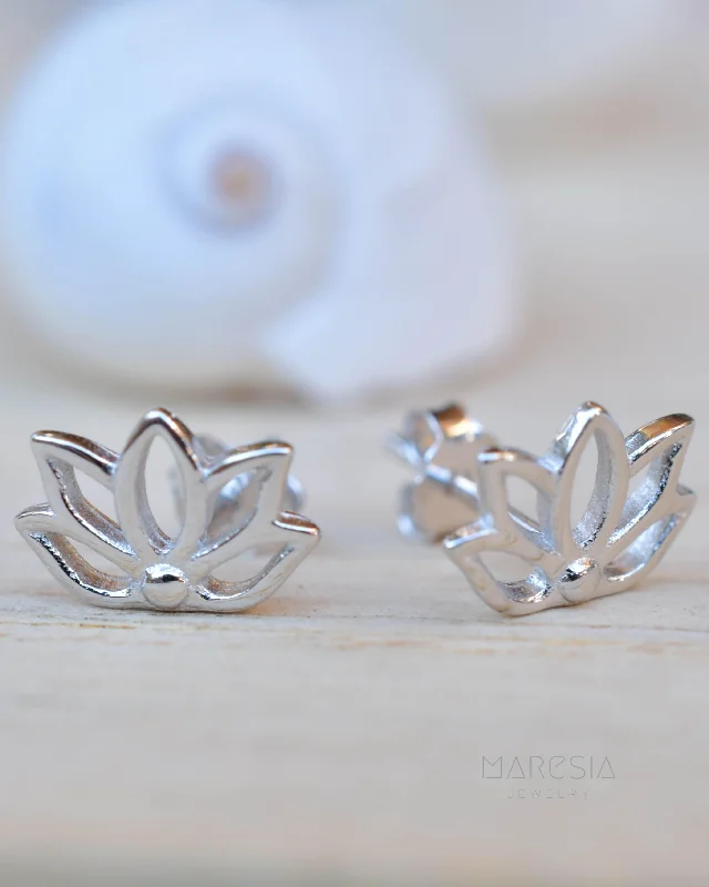 Trekker charm earrings-Lotus Flower Stud Earrings ~ Sterling Silver 925 ~ SME084