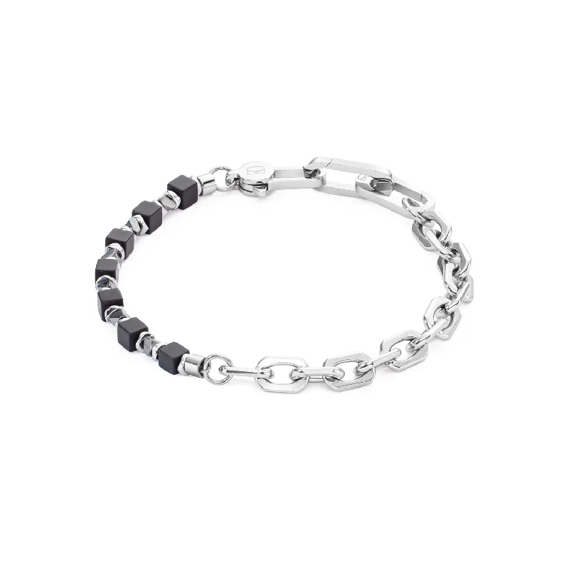 Coeur De Lion Cubes Fusion Link Chain Silver Black Bracelet