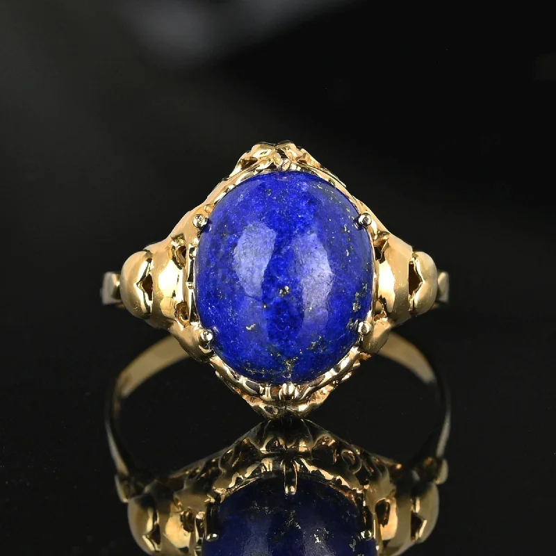 Joy charm rings-Joy charm rings-Vintage Gold Heart and Bow Lapis Lazuli Ring