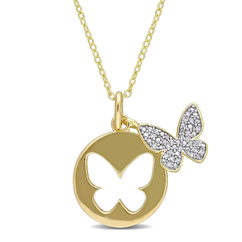 Astro charm necklaces-Miadora Yellow Plated Sterling Silver 1/10ct TDW Diamond Double Butterfly Clustered Necklace - 22.8 mm x 18 inch x 21.9 mm