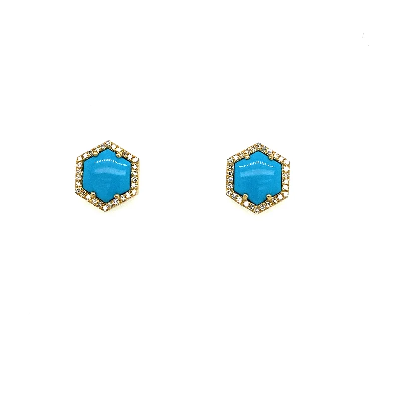 Reef knot earrings-Hexagon Turquoise & Diamond Stud Earrings