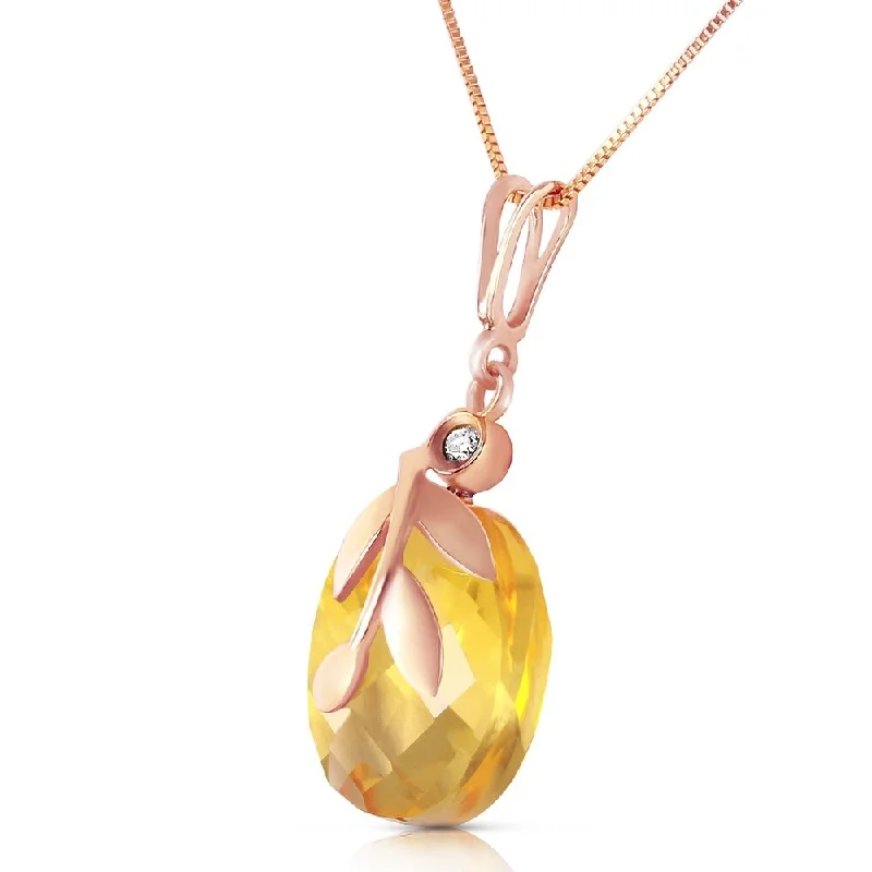 Frosted bead necklaces-14K Solid Rose Gold Necklace with Checkerboard Cut Citrine & Diamond