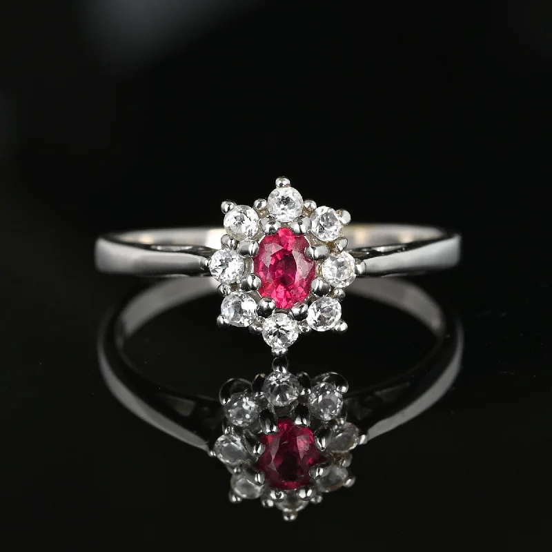 Art deco rings-Art deco rings-Vintage 14K White Gold Red Spinel Halo Cluster Ring