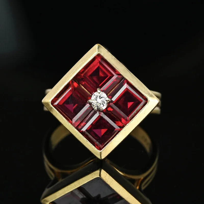 Pure style rings-Pure style rings-Vintage 14K Gold Diamond Solitaire Emerald Cut Ruby Ring