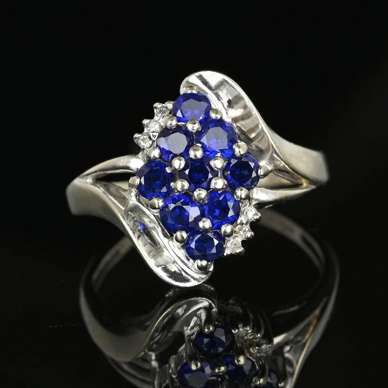 Frosted bead rings-Frosted bead rings-Vintage Diamond Accent Blue Sapphire Cluster Ring