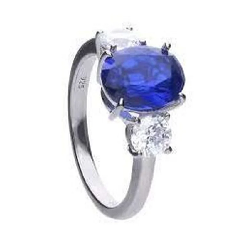 Silver Blue & White Cubic Zirconia Set Three Stone Ring, size O