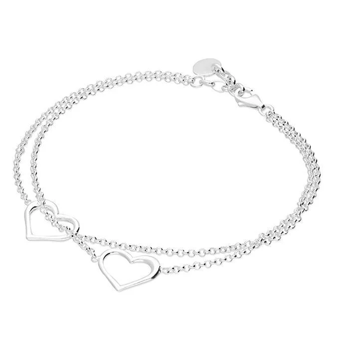 Sterling Silver Double Open Heart Chain Bracelet