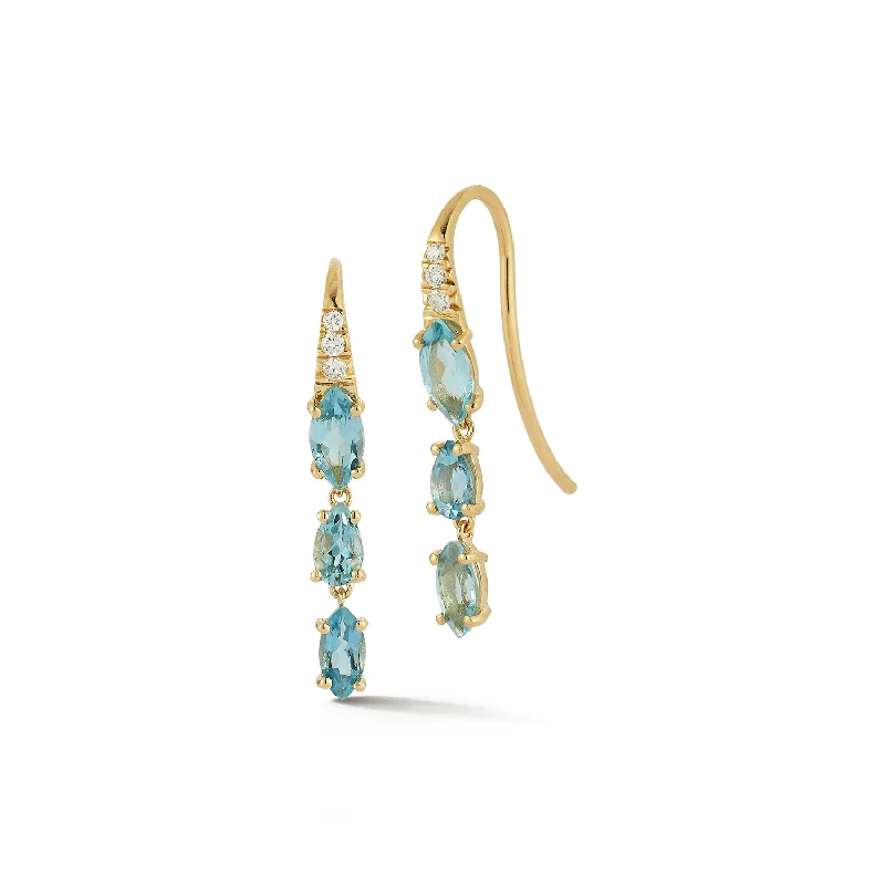 Polished gold earrings-Dew Drops - Triple Zimbaqua Aquamarine