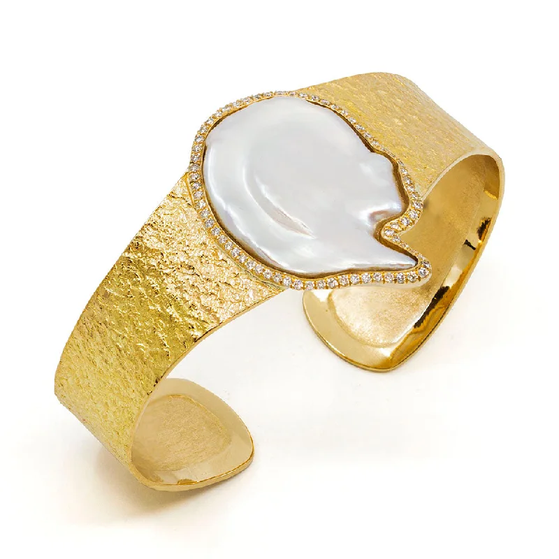 Earthy Textured Gold Cuff Bracelet with a Freshwater Keshi Pearl & Diamonds