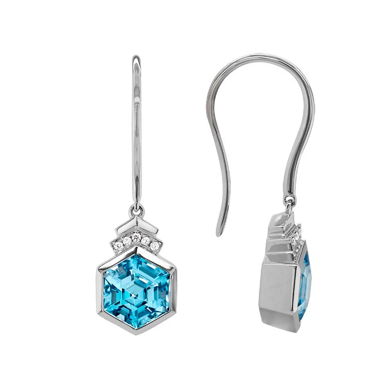 Birch charm earrings-Blue Topaz Hexagon & Diamond Earrings