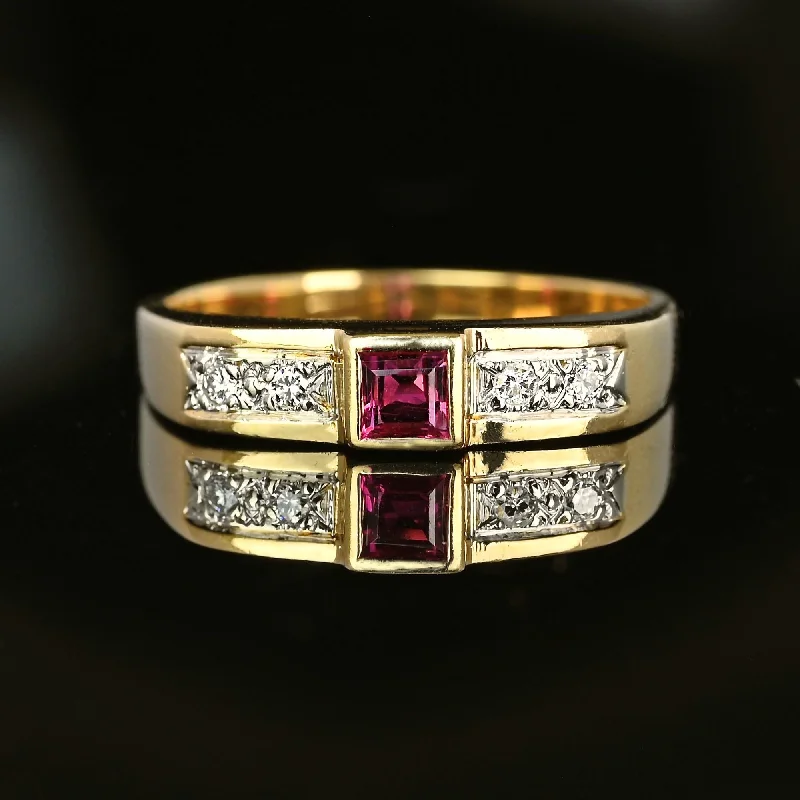 Oval stone rings-Oval stone rings-Vintage 14K Gold Diamond Square Ruby Ring Band