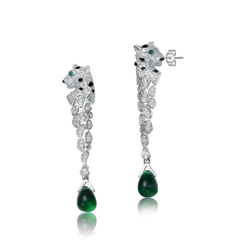 Thick bar earrings-Sterling Silver Rhodium Plated with Emerald and Clear Cubic Zirconia Fauna Drop Earrings