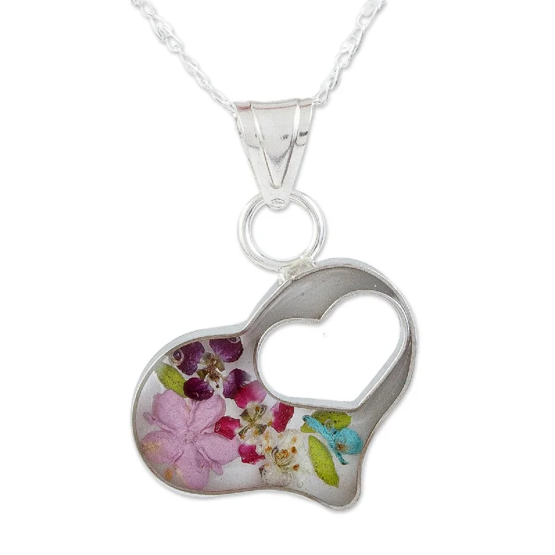 Regency style necklaces-Novica Handmade Pink Flowered Heart Sterling Silver Pendant Necklace