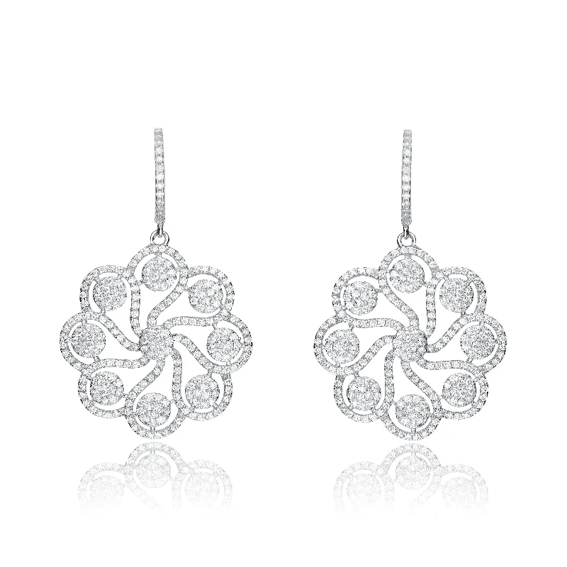 Fine threader earrings-CZ SS Rhodium Plated Round Flower Drop Earrings