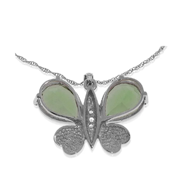 Pure crystal necklaces-14K Solid White Gold Batterfly Necklace with Natural Diamonds & Green Amethysts