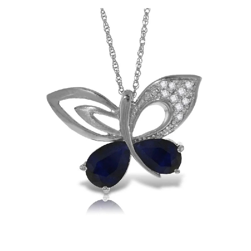 Wide link necklaces-14K Solid White Gold Batterfly Necklace with Natural Diamonds & Sapphires