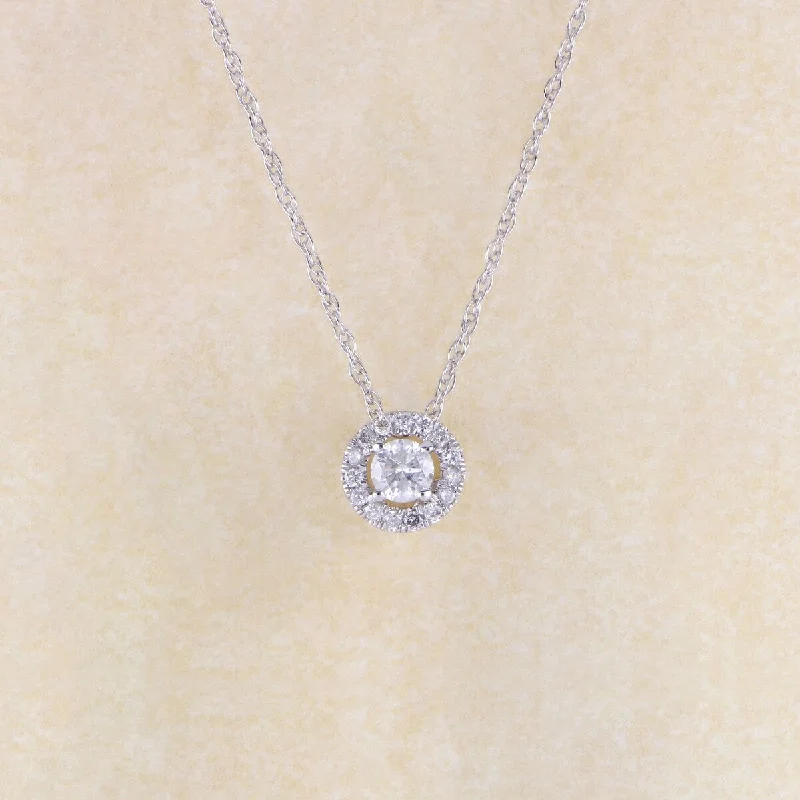 Curved pendant necklaces-1/6ct TDW Round Shape Diamond Solitaire Halo Necklace in 10k Gold by De Couer