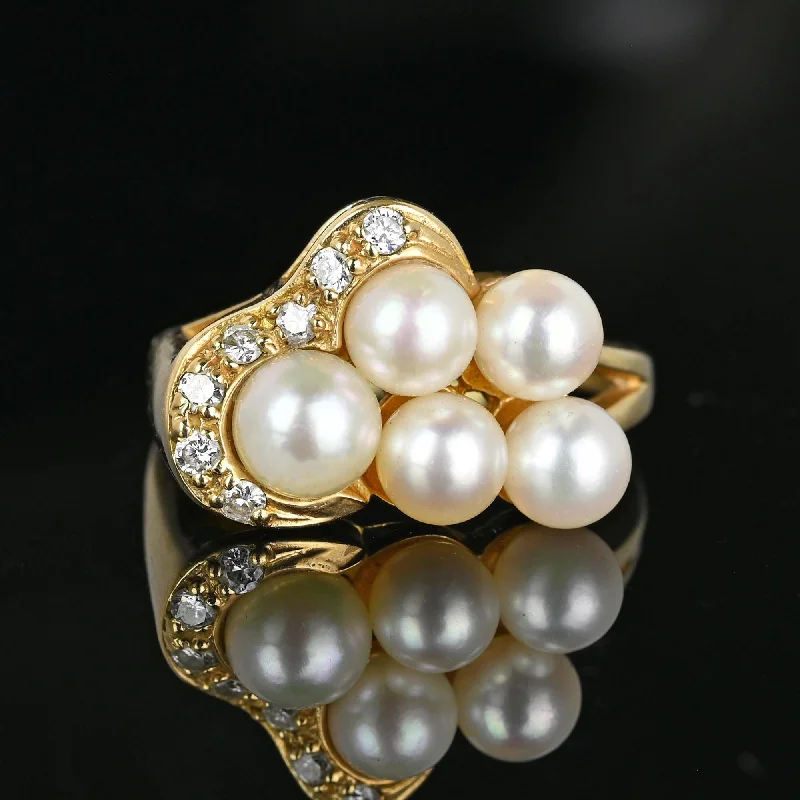 Matte band rings-Matte band rings-Mid Century Gold Diamond Pearl Cluster Cocktail Ring