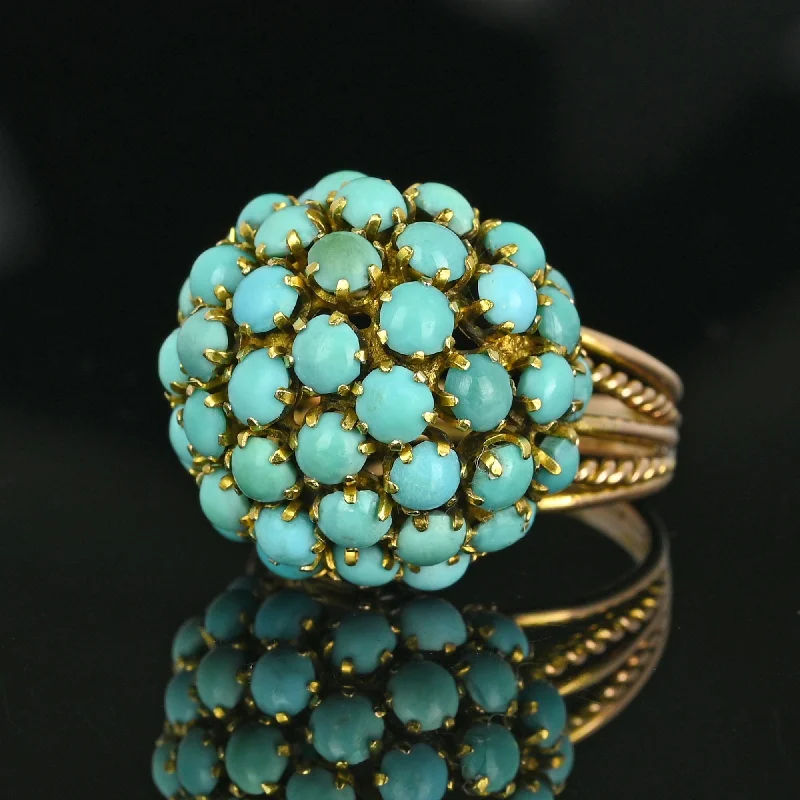 Bamboo motif rings-Bamboo motif rings-14K Gold Persian Turquoise Cluster Bombe Dome Ring