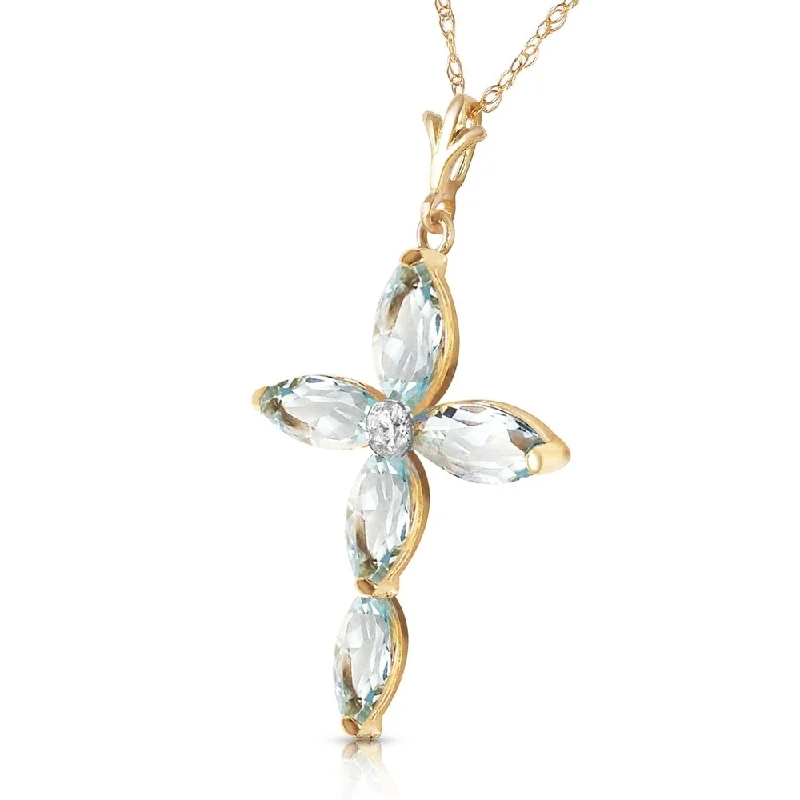 Bright stone necklaces-14K Solid Gold Necklace with Natural Diamond & Aquamarines