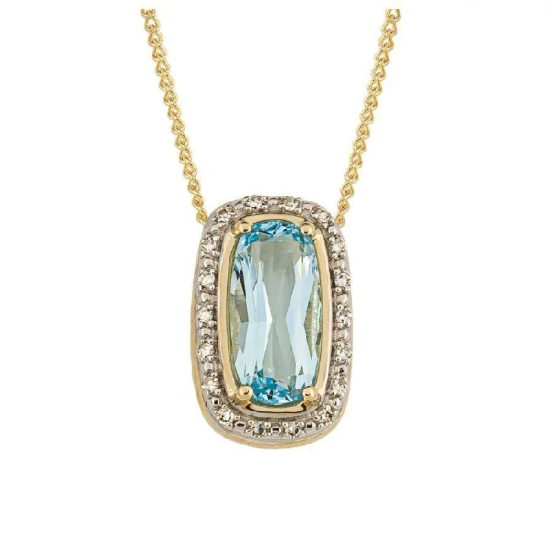 9ct Yellow Gold Rectangular Cut Blue Topaz and Diamond Halo Pendant