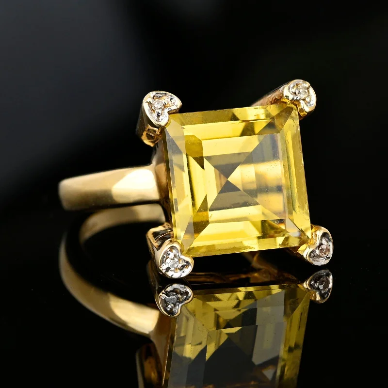 Beaded gem rings-Beaded gem rings-Vintage Diamond Heart Accent Square Step Cut Citrine Ring