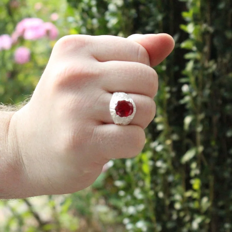 Beaded gem rings-Beaded gem rings-Large Men's Oval ring with July Birthstone Synthetic Ruby