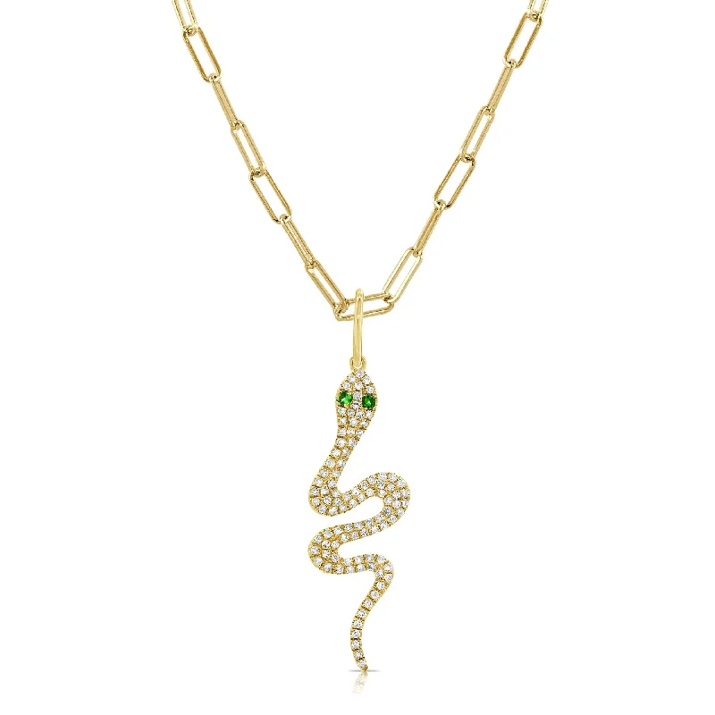 Retro photo necklaces-Joelle Snake Pendant 14K Yellow Gold Diamond & Tsavorite Necklace 16-inch Paperclip Chain