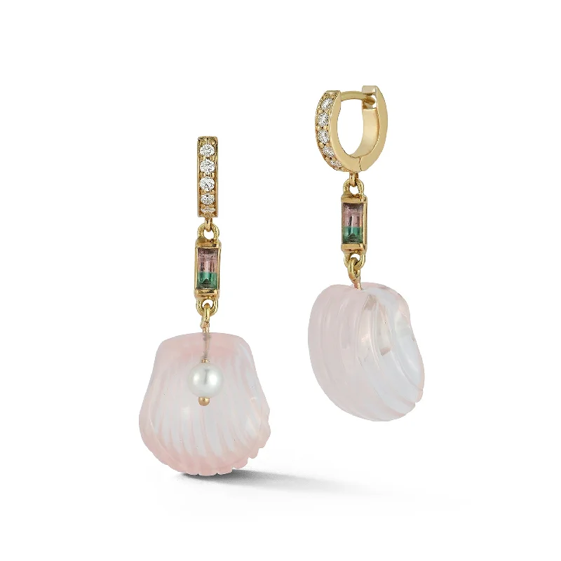 Tiered dangle earrings-Dream Shell Huggies - Rose Quartz and Watermelon Tourmaline