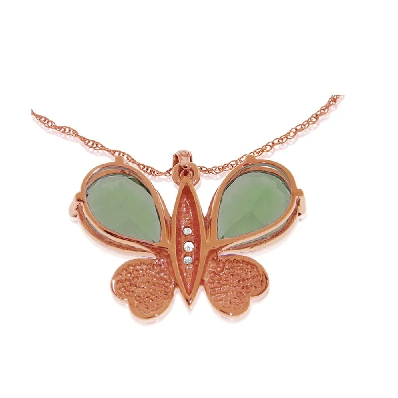 Jazz age necklaces-14K Solid Rose Gold Batterfly Necklace with Natural Diamonds & Green Amethysts