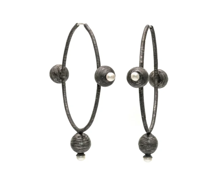 Silk fringe earrings-Mariella Pilato Pearl Planetary Hoops