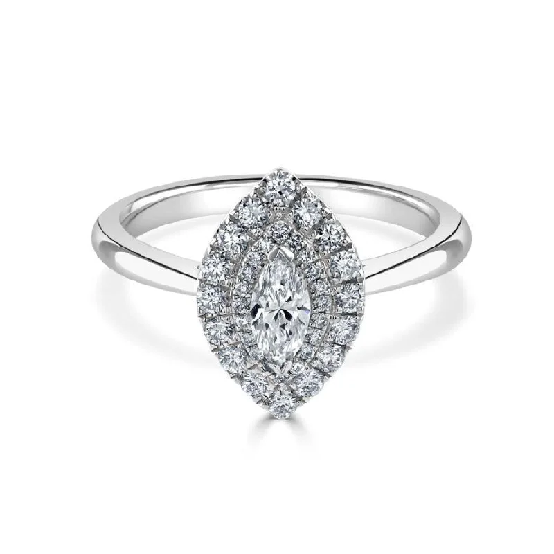 Platinum Marquise Shaped Diamond Double Halo Cluster Ring