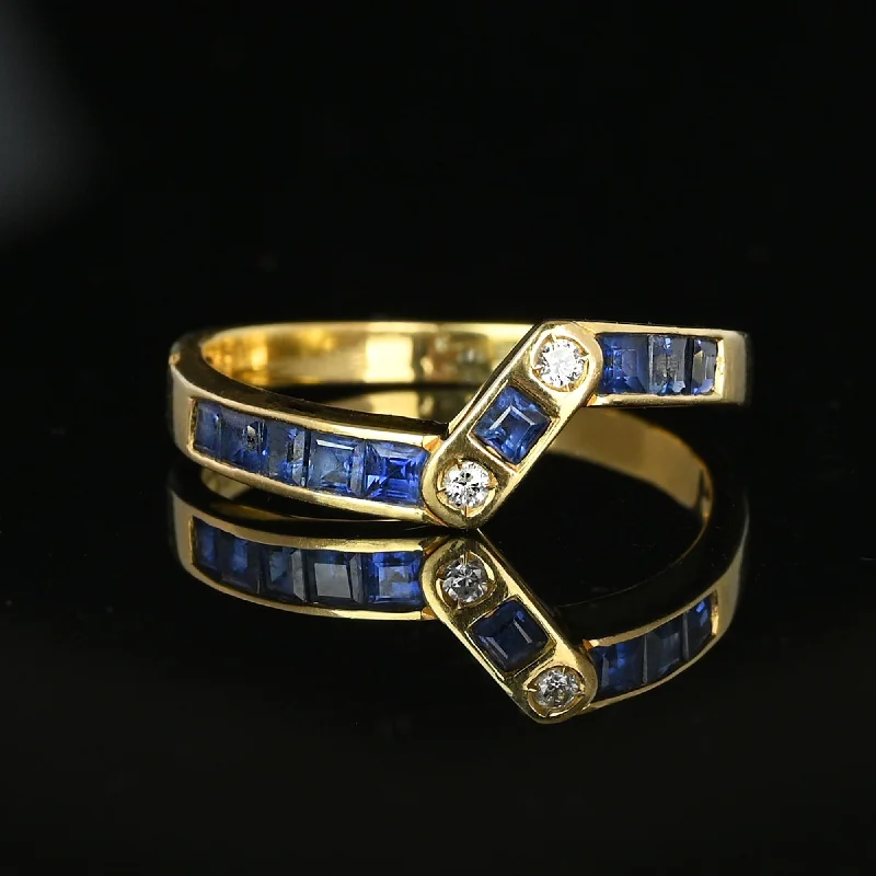 Dainty gold rings-Dainty gold rings-Vintage 14K Gold Diamond Carré Sapphire Ring Band