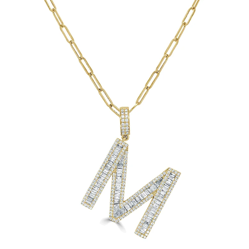 Flax braid necklaces-Joelle Diamond Baguette Large Initial Paperclip Link Necklace 14K Yellow Gold - M