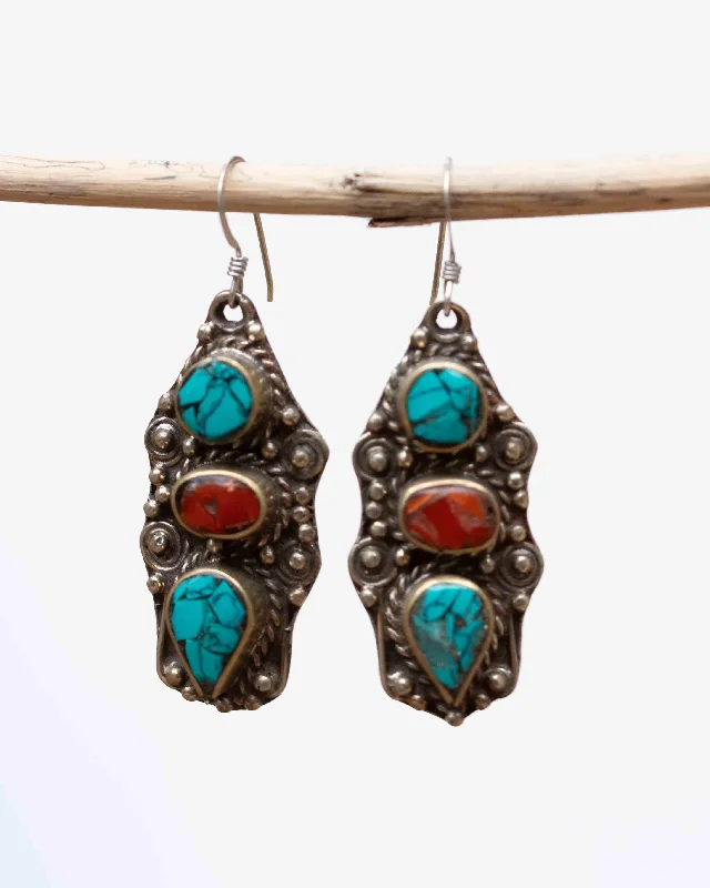 Square gem earrings-Dallas Turquoise Tibetan Earrings ~German Silver ~ SME024