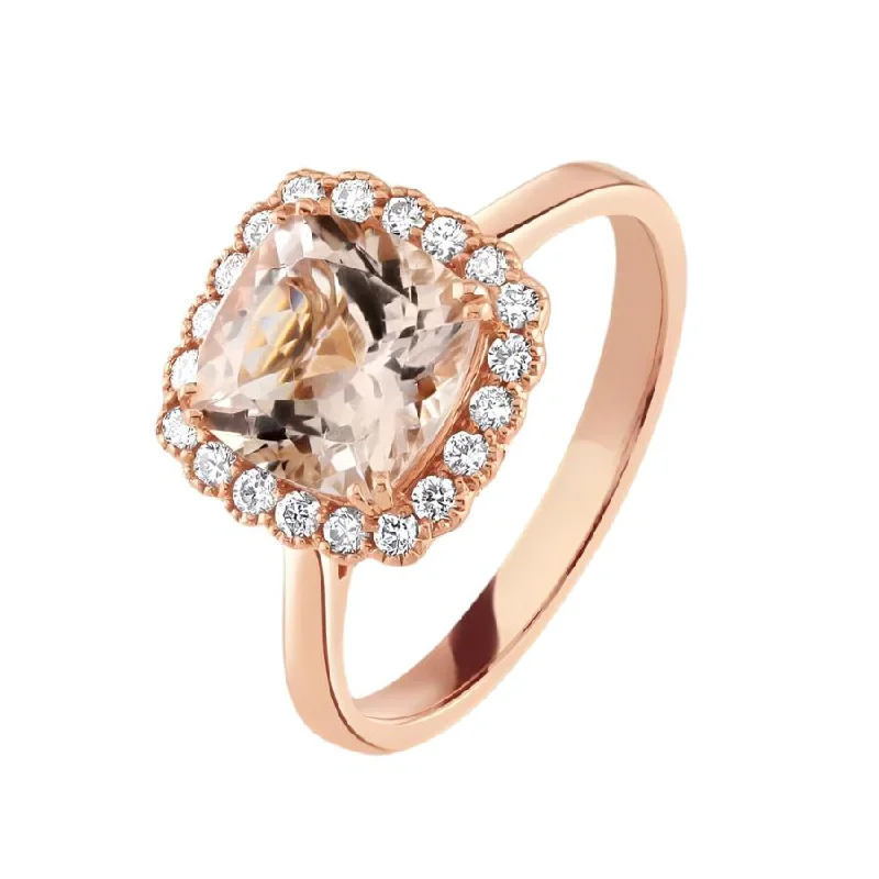 18ct Rose Gold Morganite & Diamond Cushion Cluster Ring