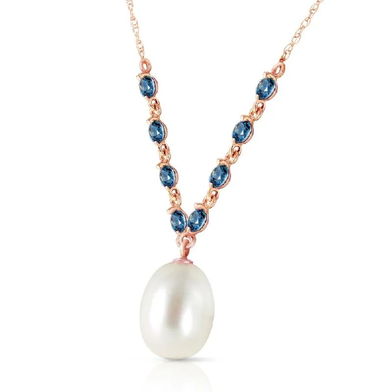 Shiny charm necklaces-14K Solid Rose Gold Necklace with Natural Blue Topaz & pearl