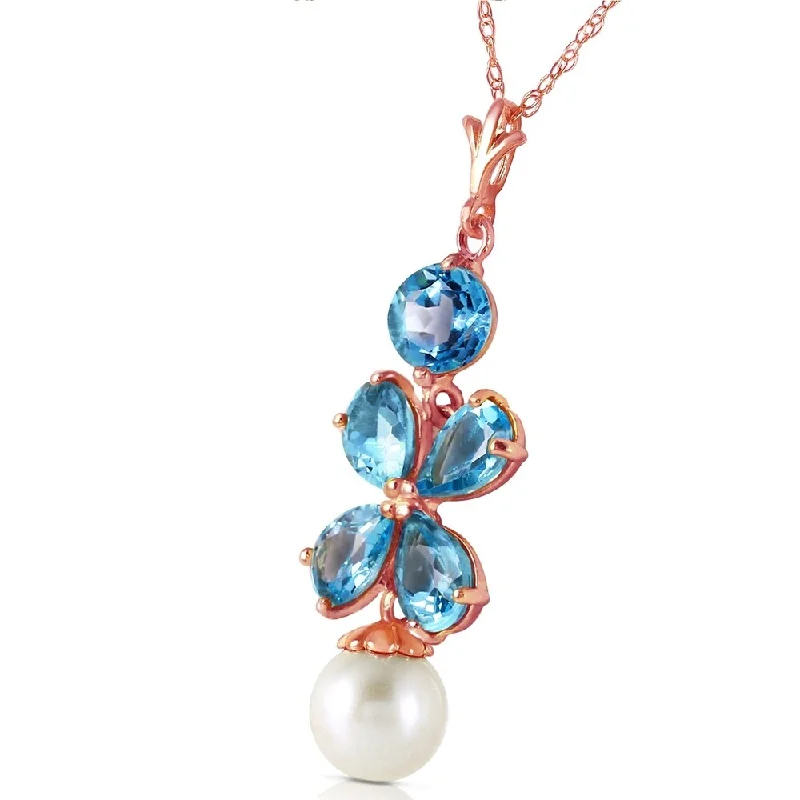 Raised bar necklaces-14K Solid Rose Gold Necklace with Blue Topaz & pearl