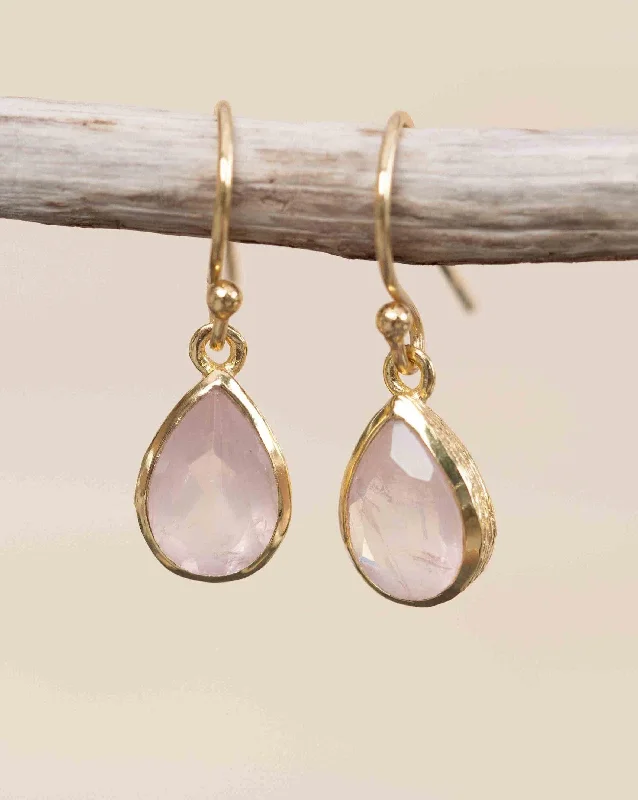 Birch wood earrings-Rose Quartz Tear Drop Earrings ~ 18k Gold Plated ~ ME190