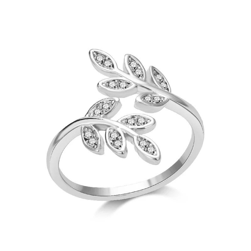 Retro style rings-Retro style rings-Silver Plated Leaf Ring Created with Zircondia® Crystals