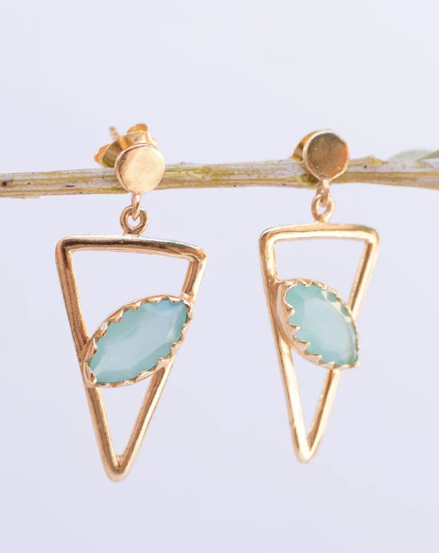 Astro design earrings-Aqua Chalcedony, Ruby, Blue Chalcedony, Rose quartz Triangle Gold Vermeil Earrings ~