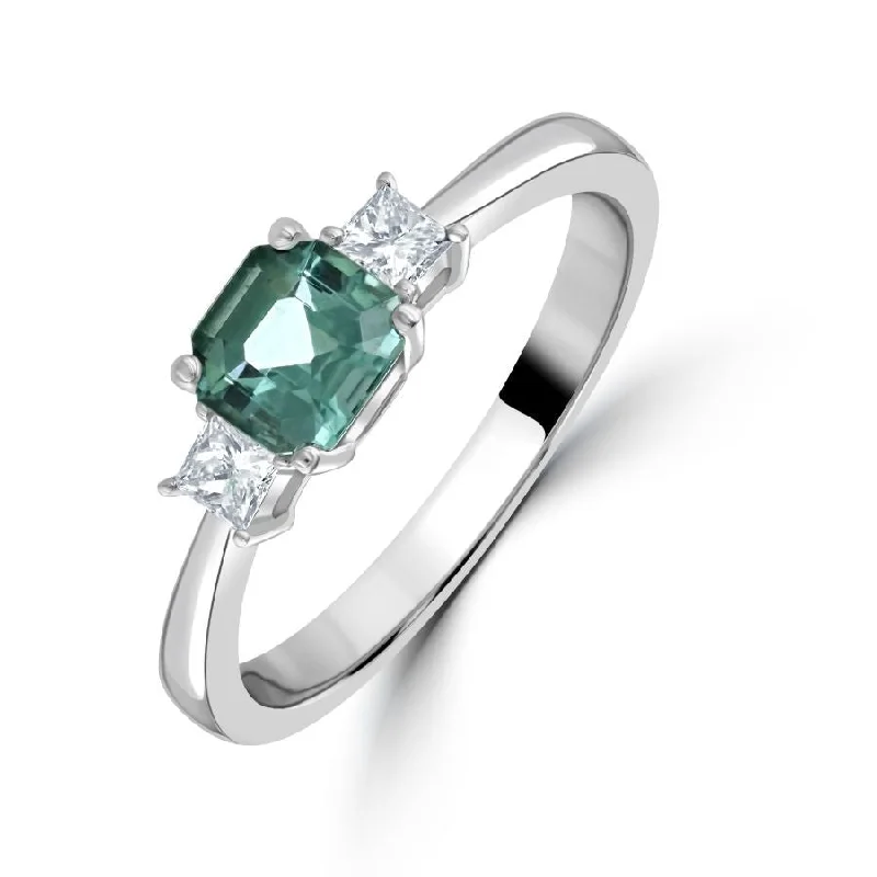 Platinum Octagonal Blue-Green Tourmaline & Diamond Trilogy Ring