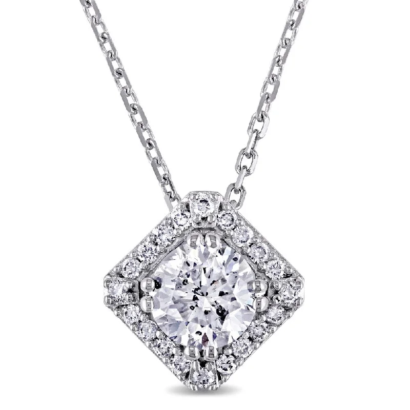 Multi-link necklaces-Miadora Signature Collection 14k White Gold 1 1/6ct TDW Diamond Halo Necklace