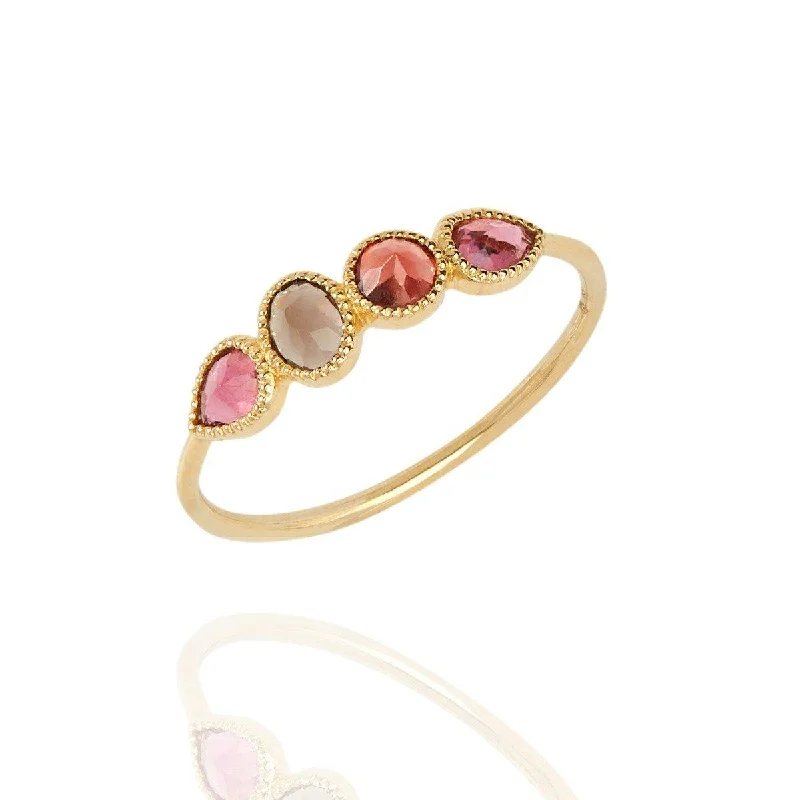 Wide geometric rings-Wide geometric rings-Mosaik Gold Ring - 18k Gold Pink Tourmaline, Red Garnet