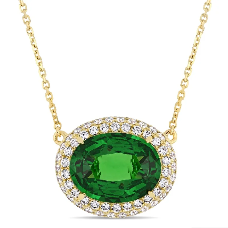 Ruby gem necklaces-Miadora 14k Yellow Gold Tsavorite 3/4ct TDW Diamond Oval Halo Necklace