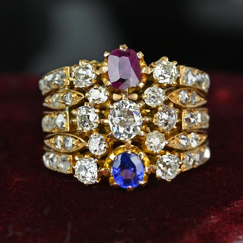 Glossy enamel rings-Glossy enamel rings-Antique 18K Gold Mine Cut Diamond Ruby Sapphire Ring