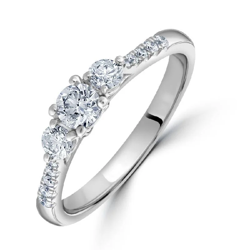 Platinum Round Brilliant Cut Diamond Trilogy Ring with Diamond Shoulders