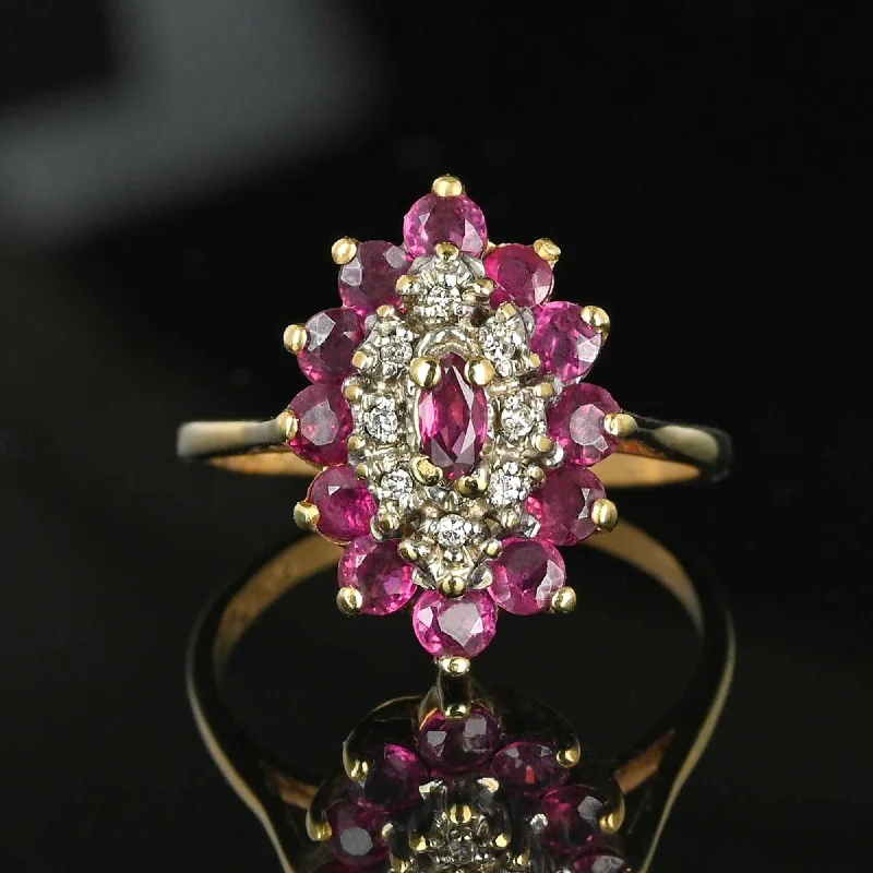 New moon rings-New moon rings-Vintage Gold Diamond Marquise Ruby Cluster Ring