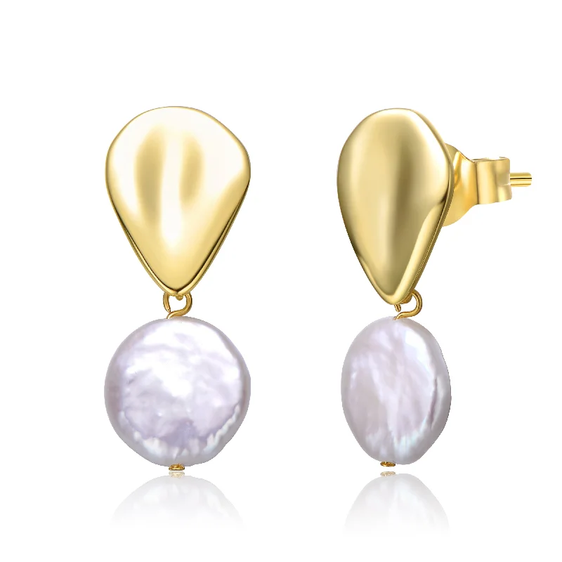 Thin bead earrings-Sterling Silver 14k Yellow Gold Plated with White Coin Pearl Raindrop Double Dangle Drop Earrings