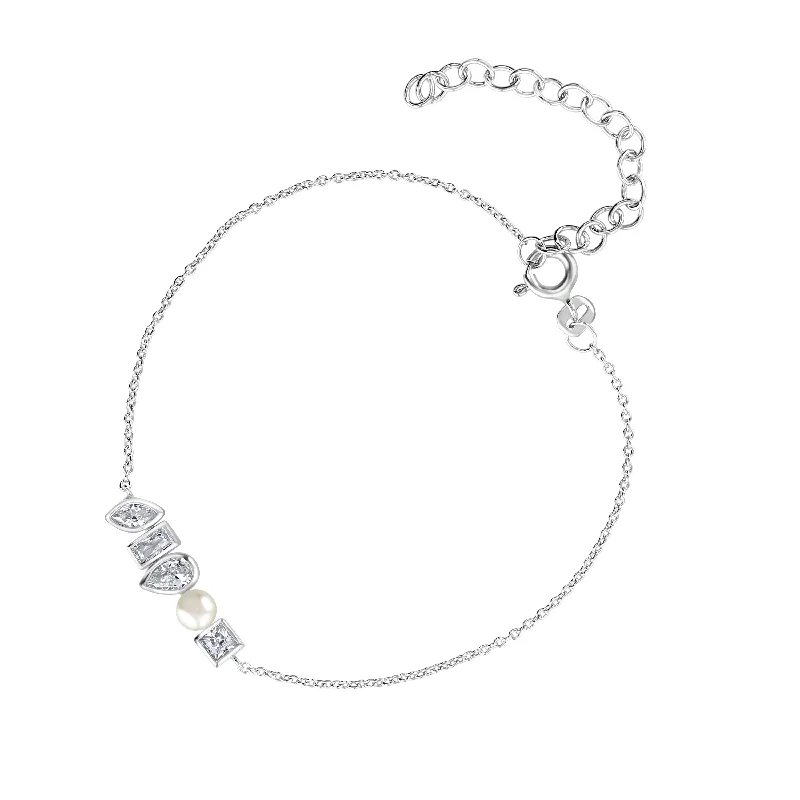 Sterling Silver Pearl Cubic Zirconia Bezel Set Bracelet